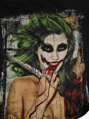 Spencer's Women's Joker-Style Graphic Tee in Black with Green and Red Accents
